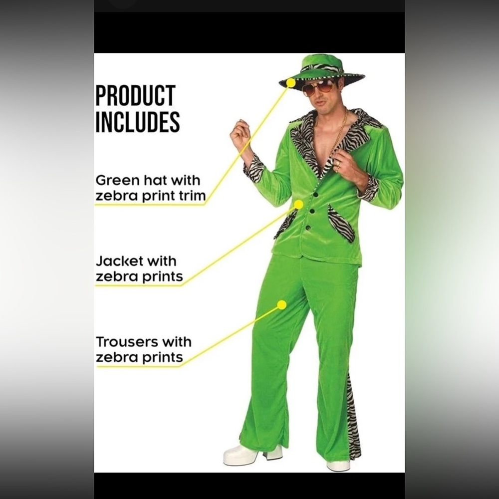 Men`s Green PIMP DADDY Costume + Hat 1970s Big Daddy Velvet Suit Halloween